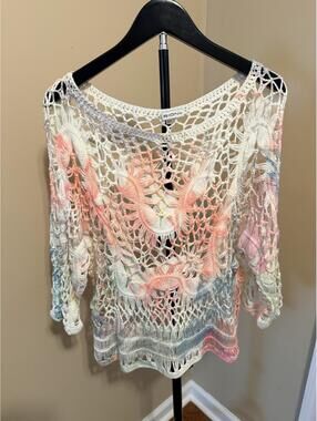 Sioni Crochet Mesh Sweater Cover Up Pastel Open Knit Boho S/M